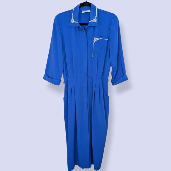 🍁V. Nu-Mode Blue Embroidered 3/4 Sleeve Dress - Picture 6 of 8